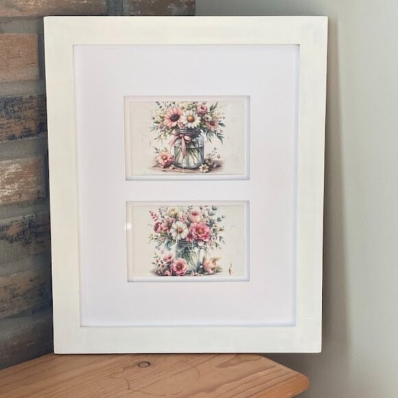 Cottage Shabby Chic Double Image Floral Prints Rice Paper Framed - Picture 6 of 6